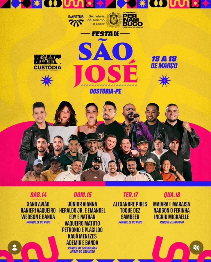 Festa de São José 2026 em Custódia-PE: Programação Completa com Xand Avião, Alexandre Pires, Maiara e Maraisa e Mais