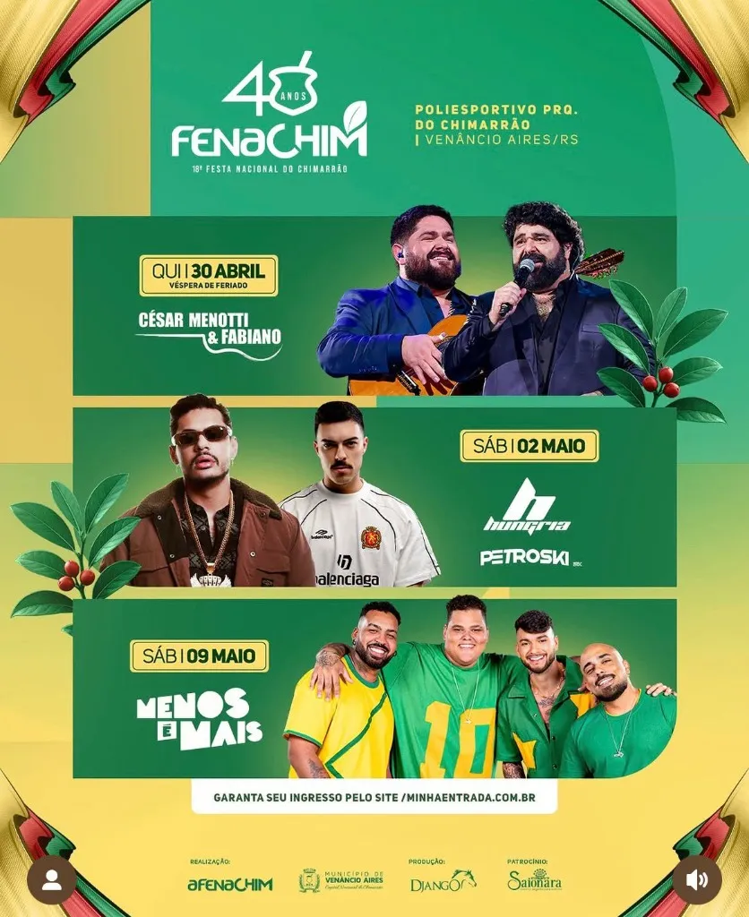 18ª Fenachim em Venâncio Aires (RS): Atrações Nacionais Confirmadas