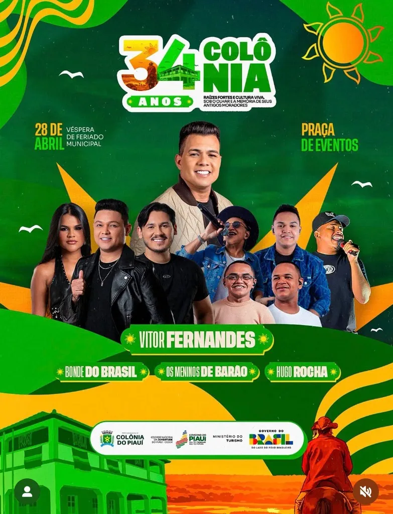 34 Anos de Colônia do Piauí: Programação Oficial Com Vitor Fernandes e Bonde do Brasil e Shows Gratuitos