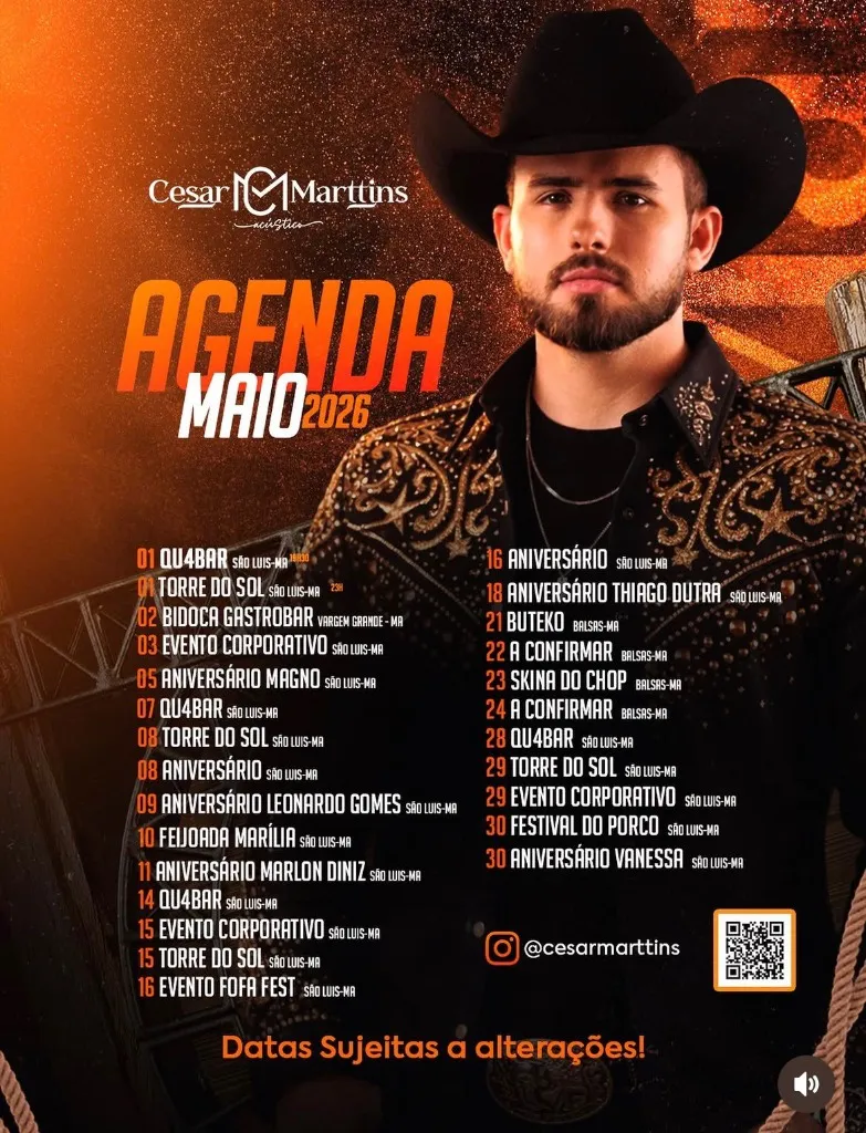 Agenda de Shows de Cesar Marttins - Maio de 2026