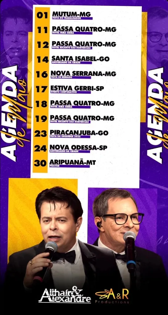 Agenda de Shows de Althaír & Alexandre - Maio de 2026