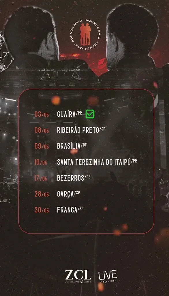 Agenda de Zezé Di Camargo & Luciano em Maio de 2026
