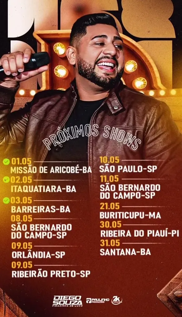 Agenda de Shows de Diego Souza - Maio 2026: 11 Shows pelo Brasil