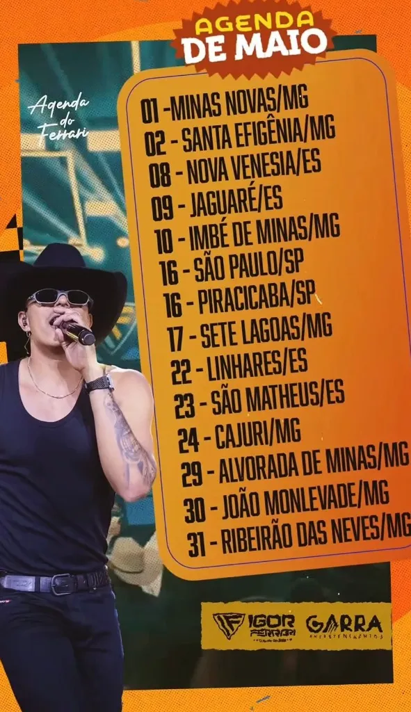 Agenda de Shows de Igor Ferrari - Maio 2026: 14 Shows em MG, ES e SP