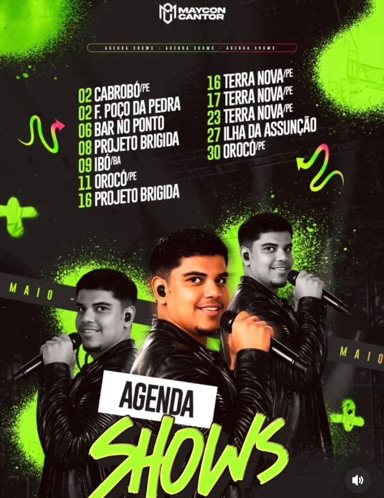 Agenda de Shows de Maycon Cantor - Maio 2026: 11 Shows em PE e BA