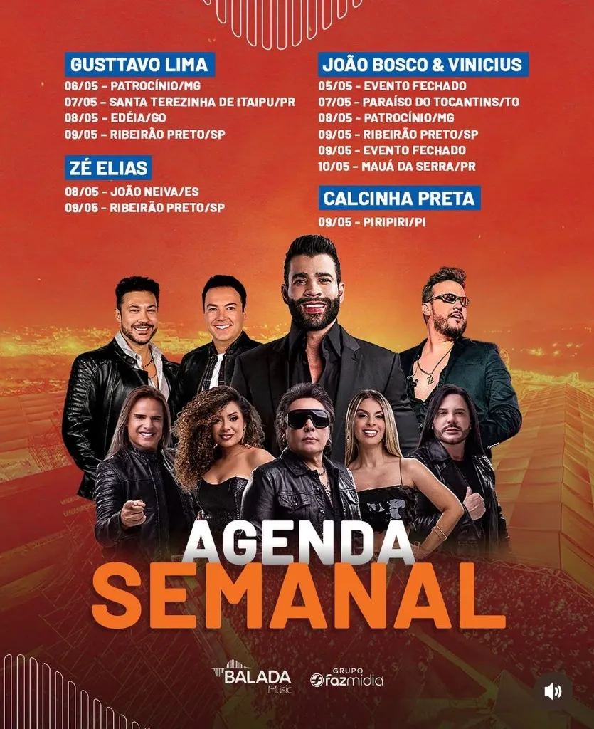 Agenda Semanal: Gusttavo Lima, João Bosco & Vinícius, Zé Elias e Calcinha Preta - Maio 2026