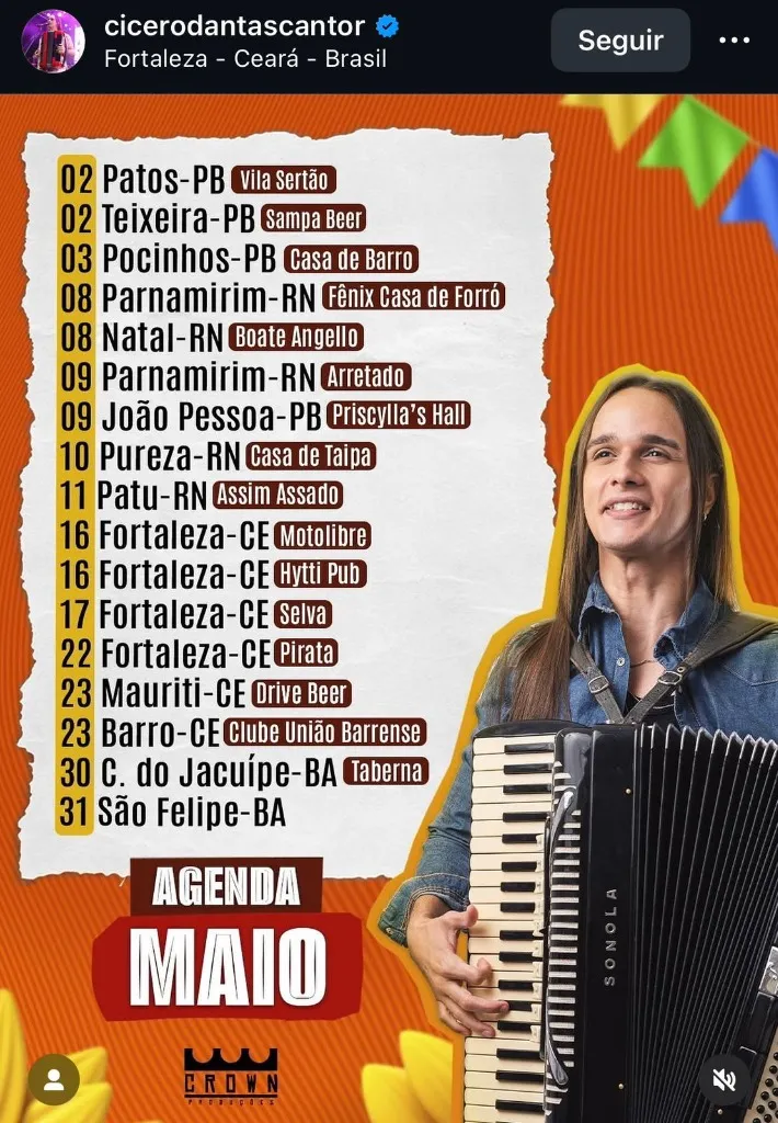 Agenda de Shows de Cícero Dantas em Maio de 2026