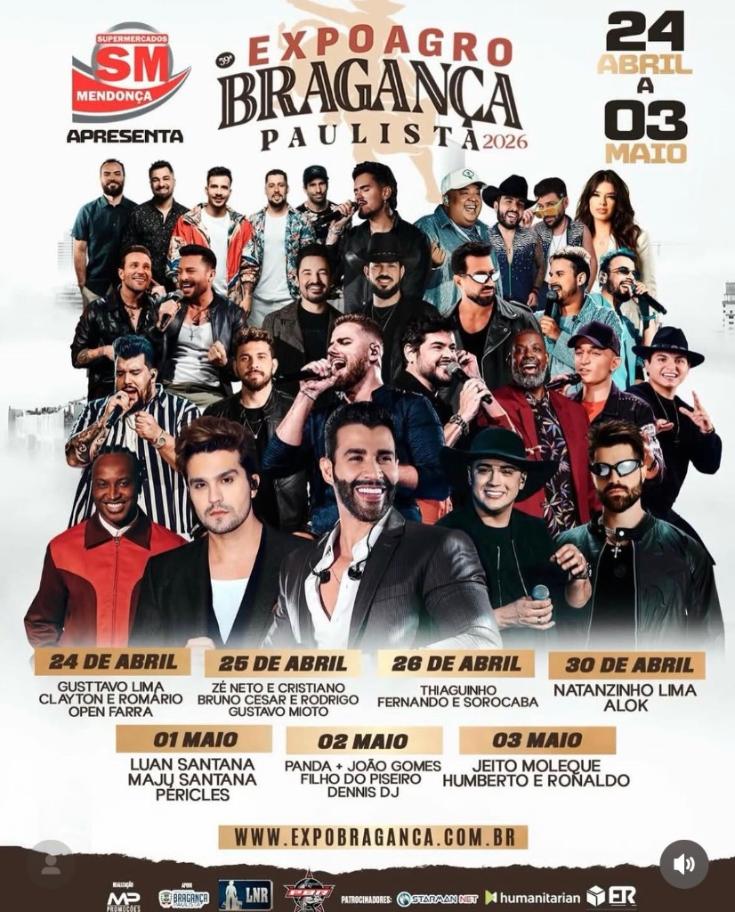 Saiu a grade da 59ª Expoagro Bragança Paulista com Gusttavo Lima, Luan Santana, Alok e mais!