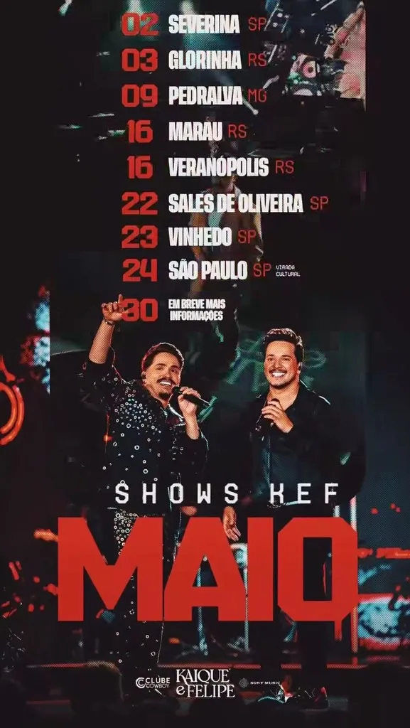 Agenda de Shows de Kaique e Felipe em Maio de 2026